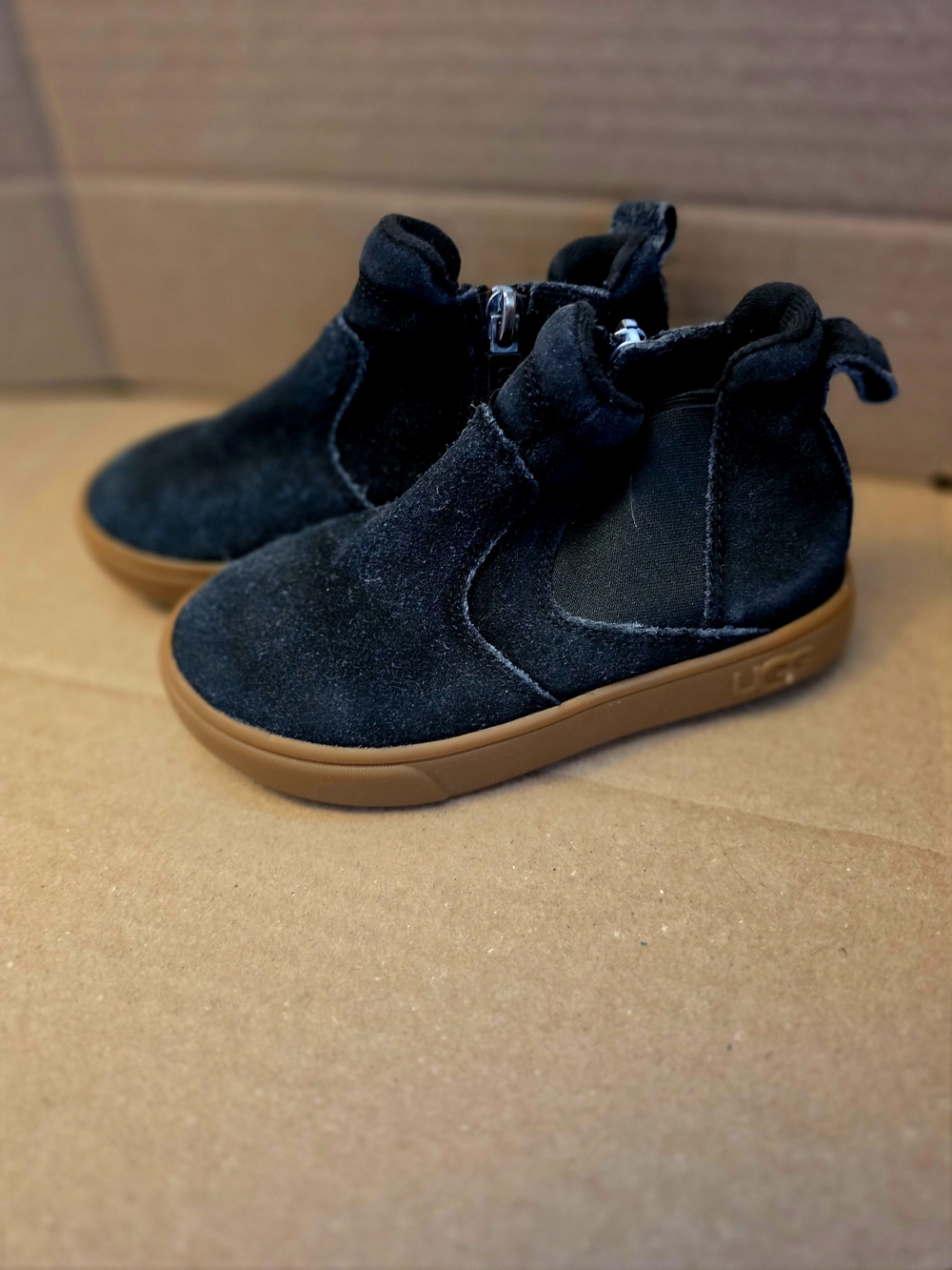 UGG Kids Black Suede Zip Booties with Brown Gum Sole
